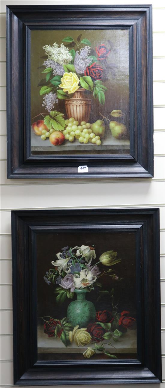 Edwin Steele, pair of oils on canvas, Still lifes of flowers in vases and fruit, signed, 50 x 40cm